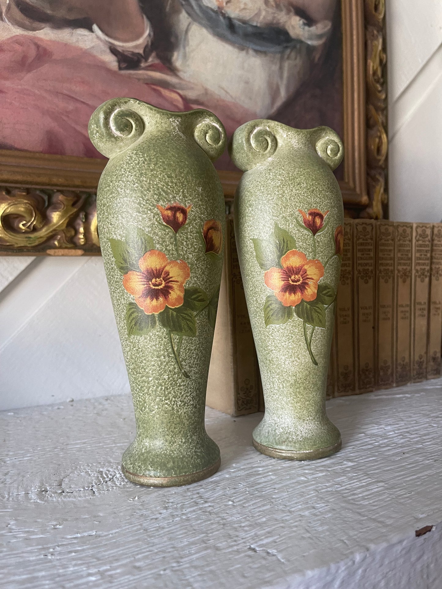 Green floral ceramic painted vase