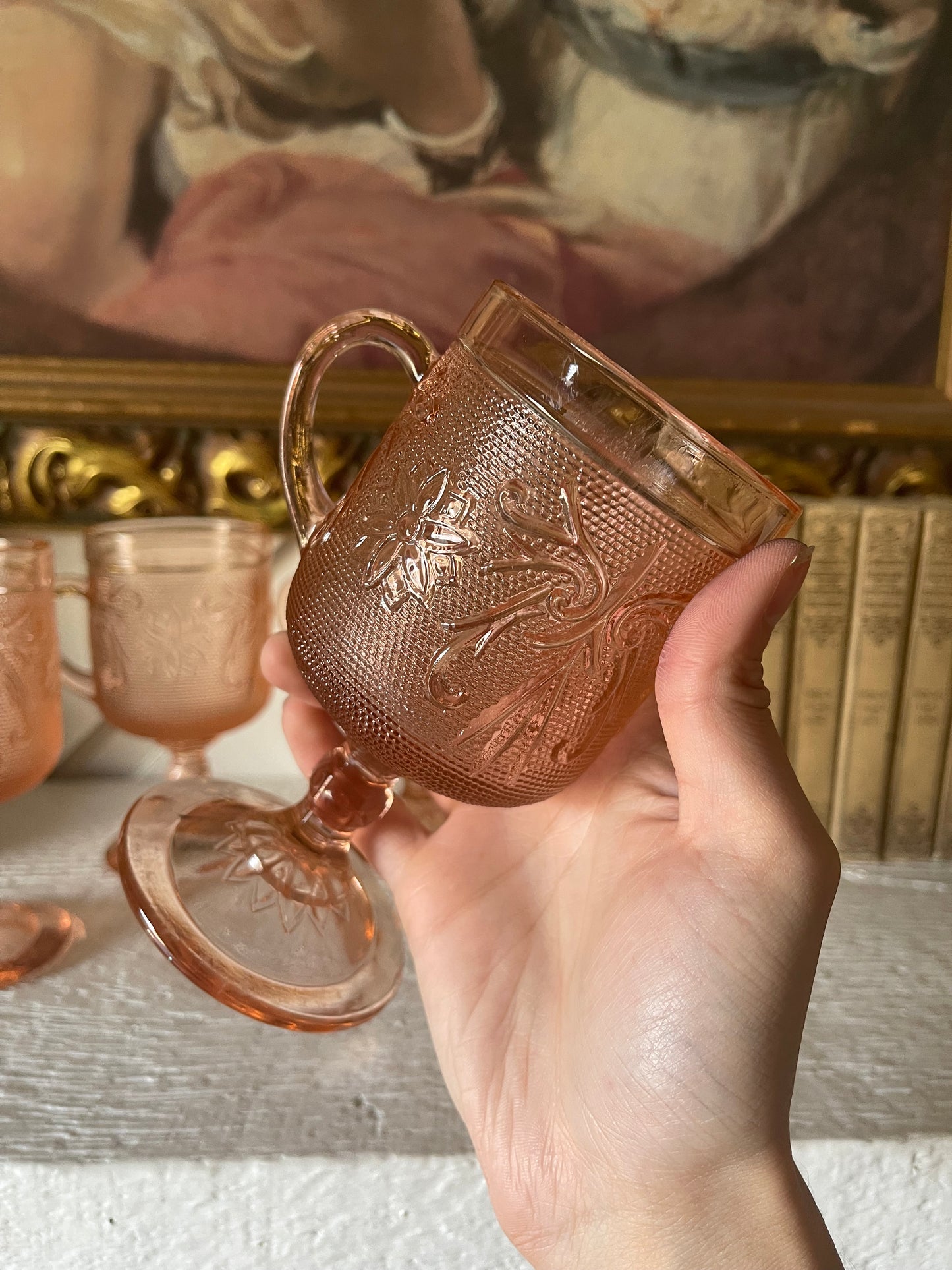 1970’s Tiara sandwich glass handled goblets Indiana glass