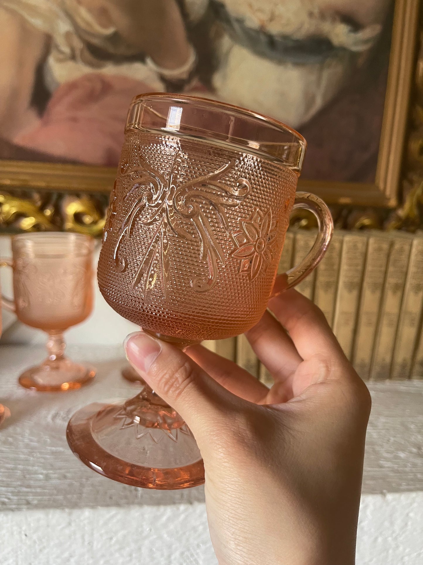 1970’s Tiara sandwich glass handled goblets Indiana glass