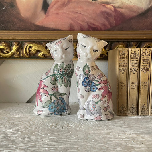 Chinese Oriental Pottery Cat with Flowers