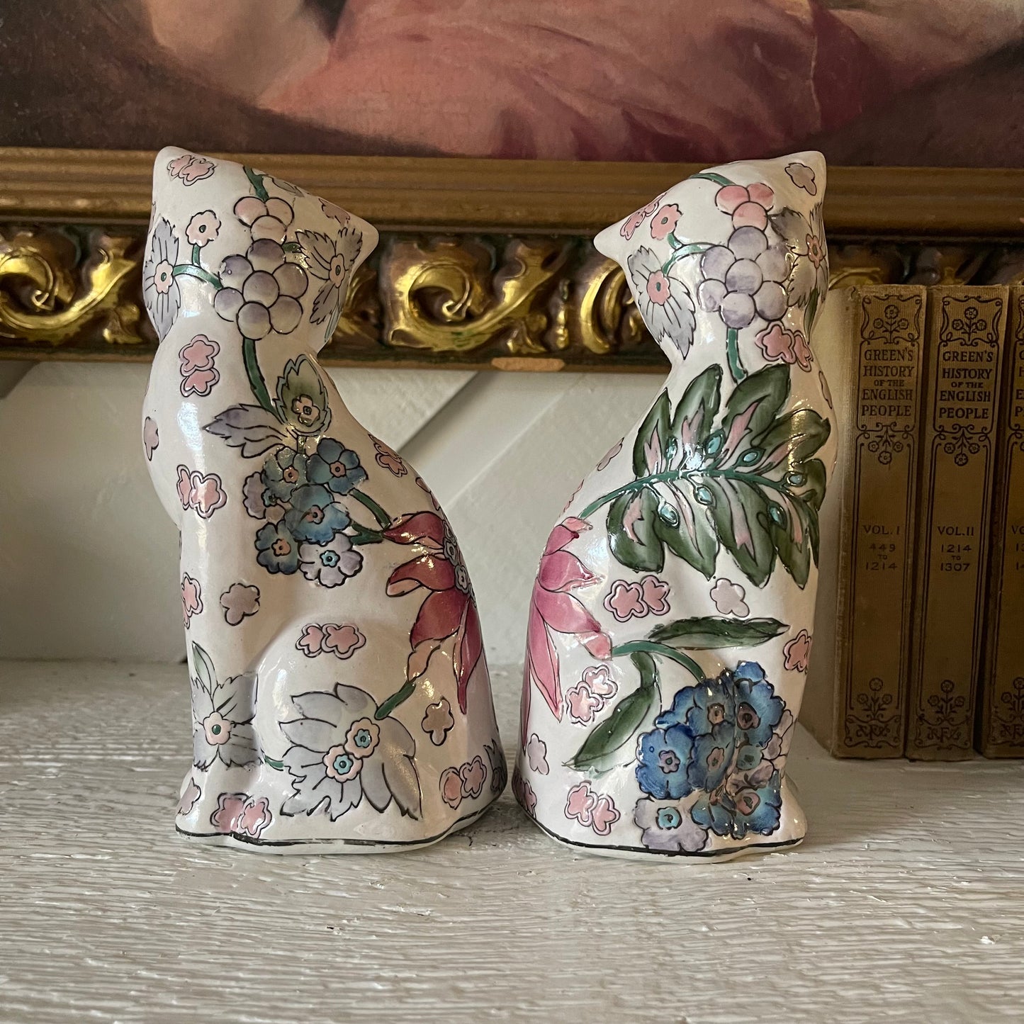 Chinese Oriental Pottery Cat with Flowers