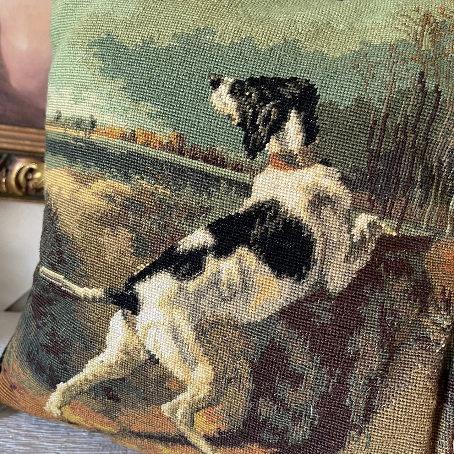 Needlepoint dog velvet pillow