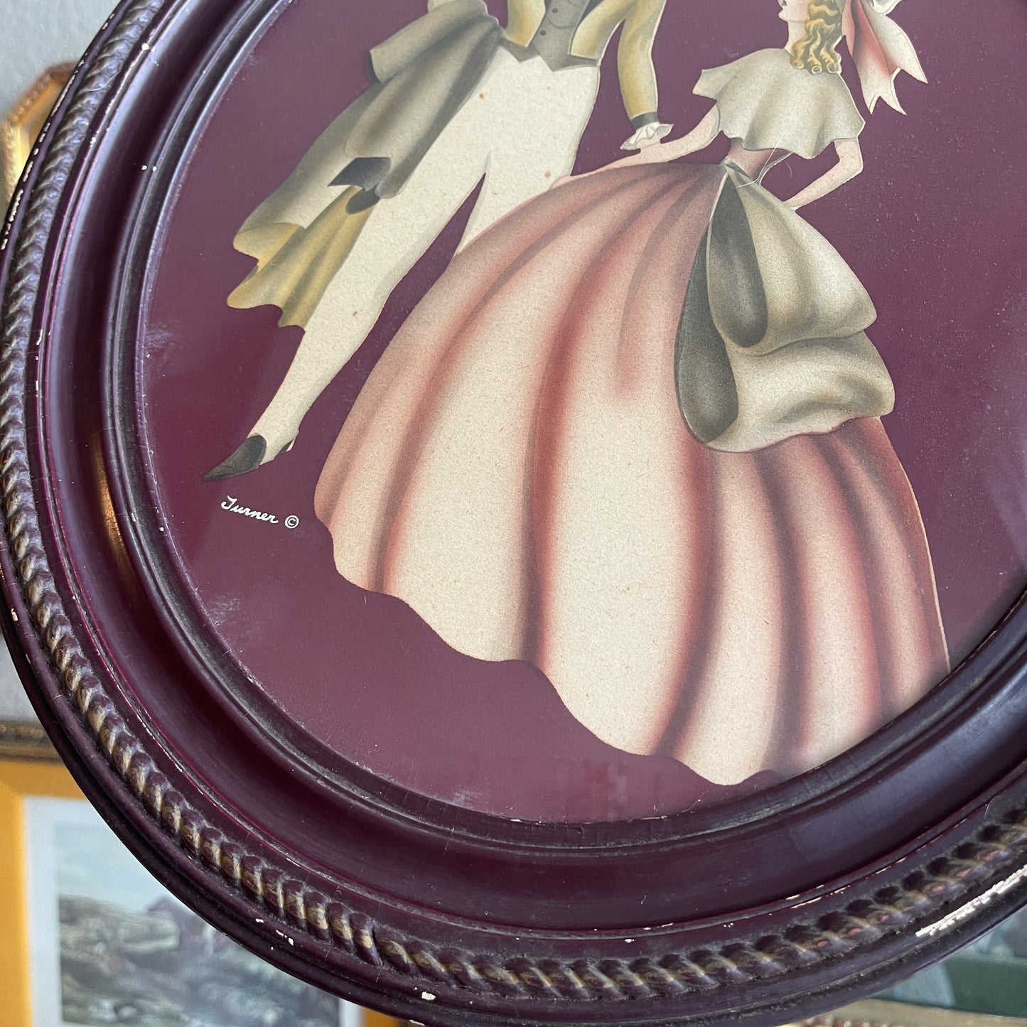 Vintage courting couple framed wood Oval