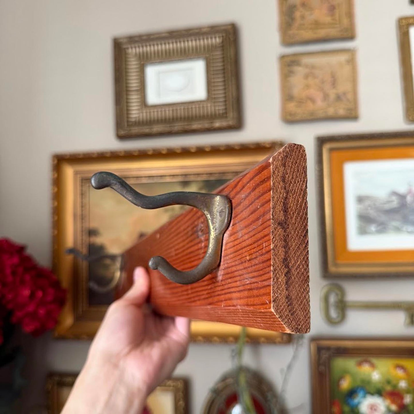 Vintage Wooden Coat Rack with Metal Hooks