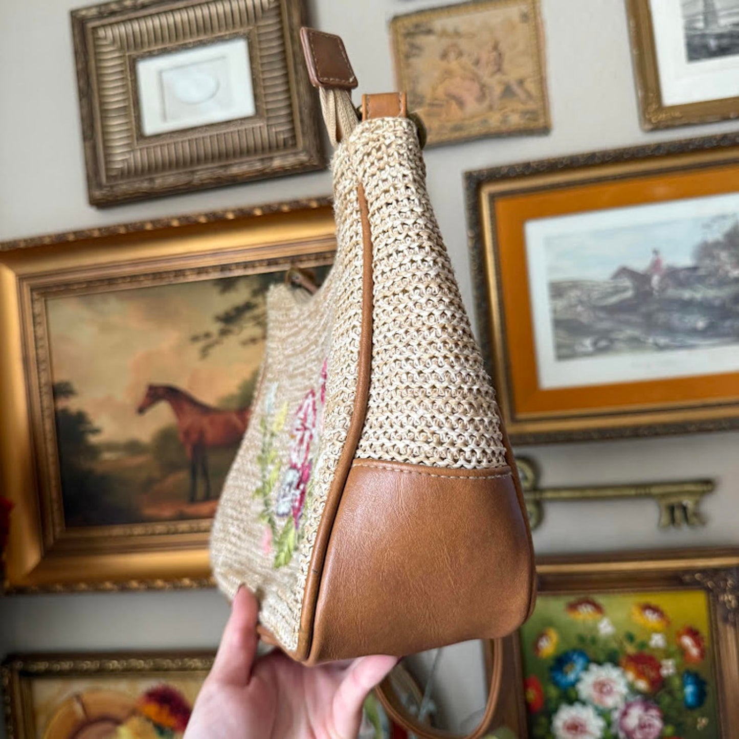 Vintage Wicker Embroidered Butterflies Shoulder Bag Purse