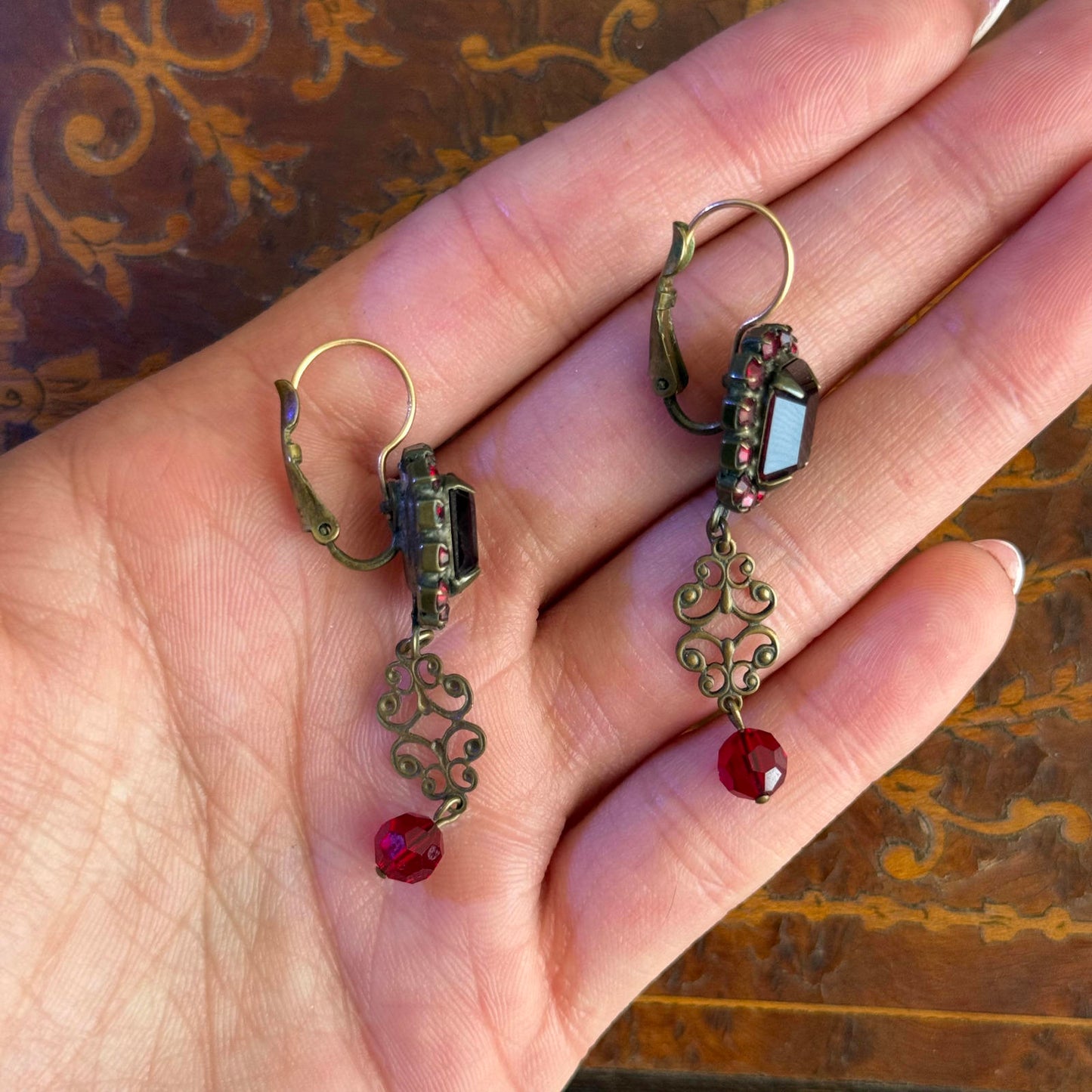 Vintage Victorian earrings with dark rectangle glass stones long earrings