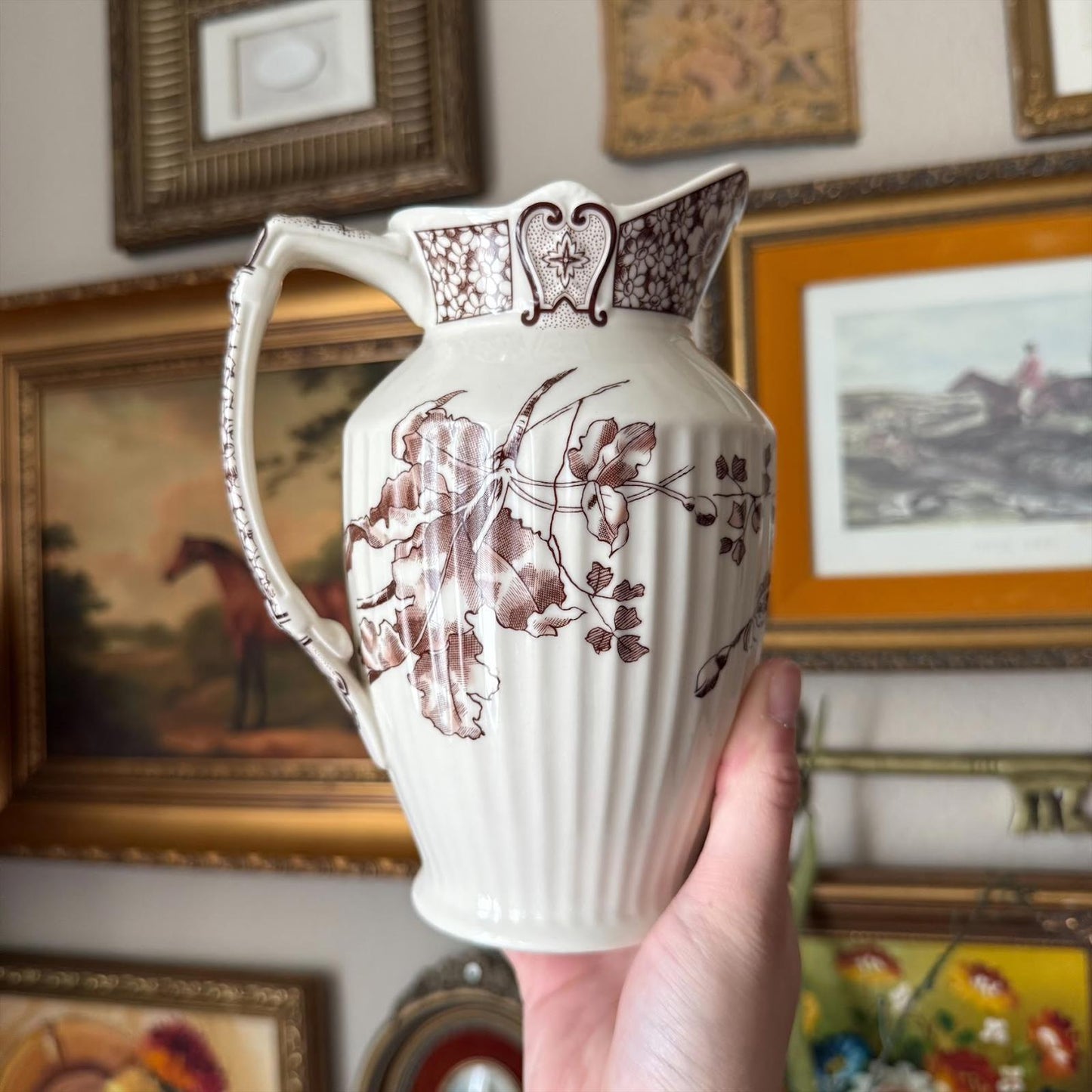 Vintage Two's Company Cream and Brown Floral Vase