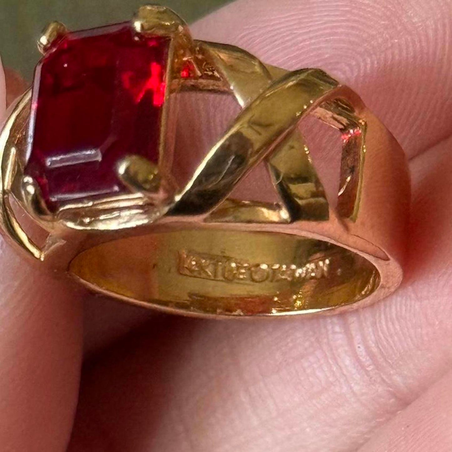Vintage Gold Electroplated Red Ruby faux Glass Ring