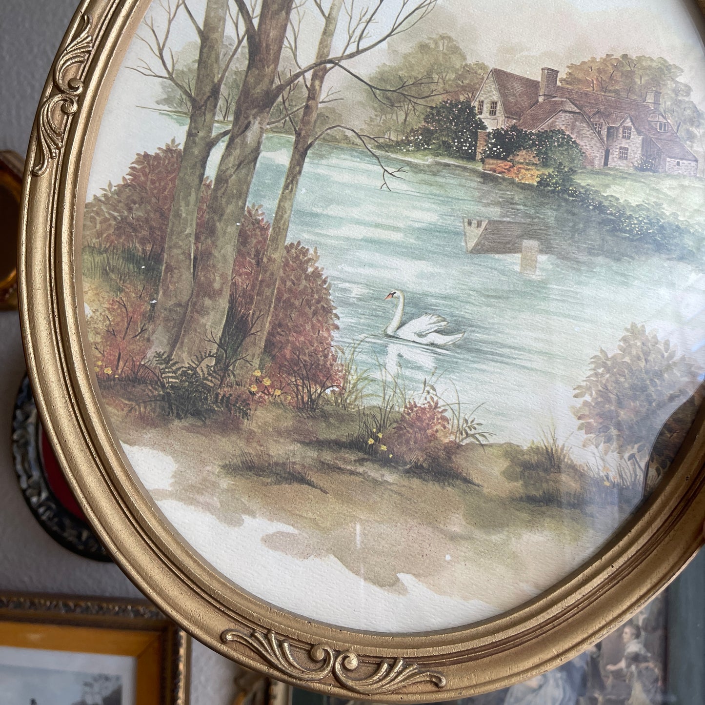 Vintage Oval Landscape swan scenery print Framed