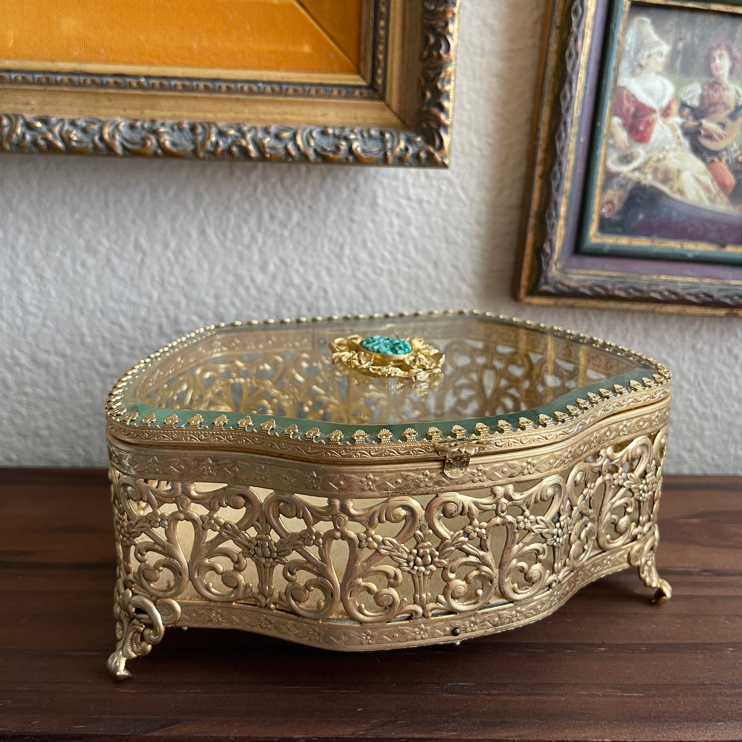 Art Nouveau Gold Gilded Glass Display Jewelry Chests Curio vanity trinket box