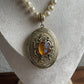 Vintage Large ornate glass cameo Locket with glass pearl necklace