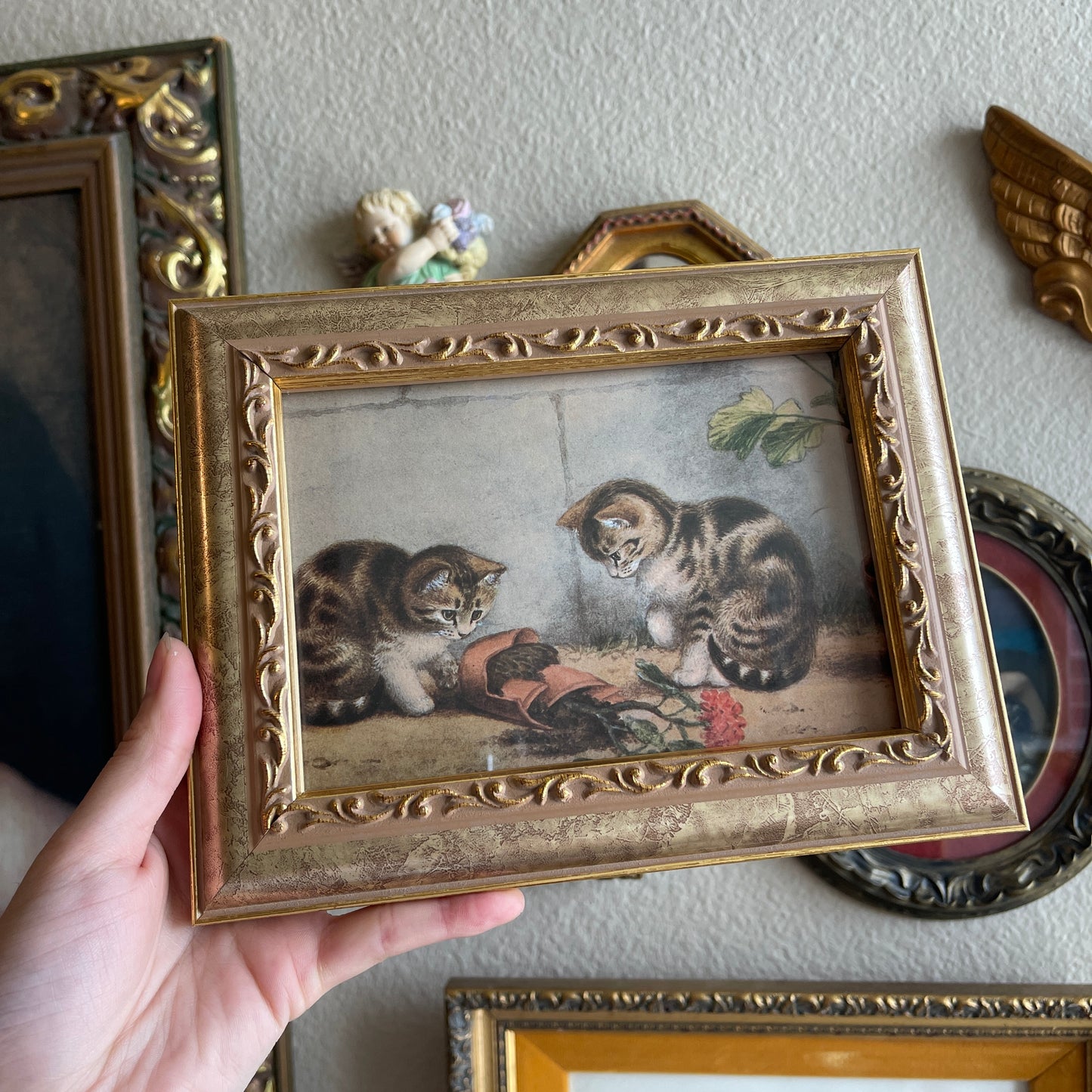 Vintage Kitties with flower pot Print Framed