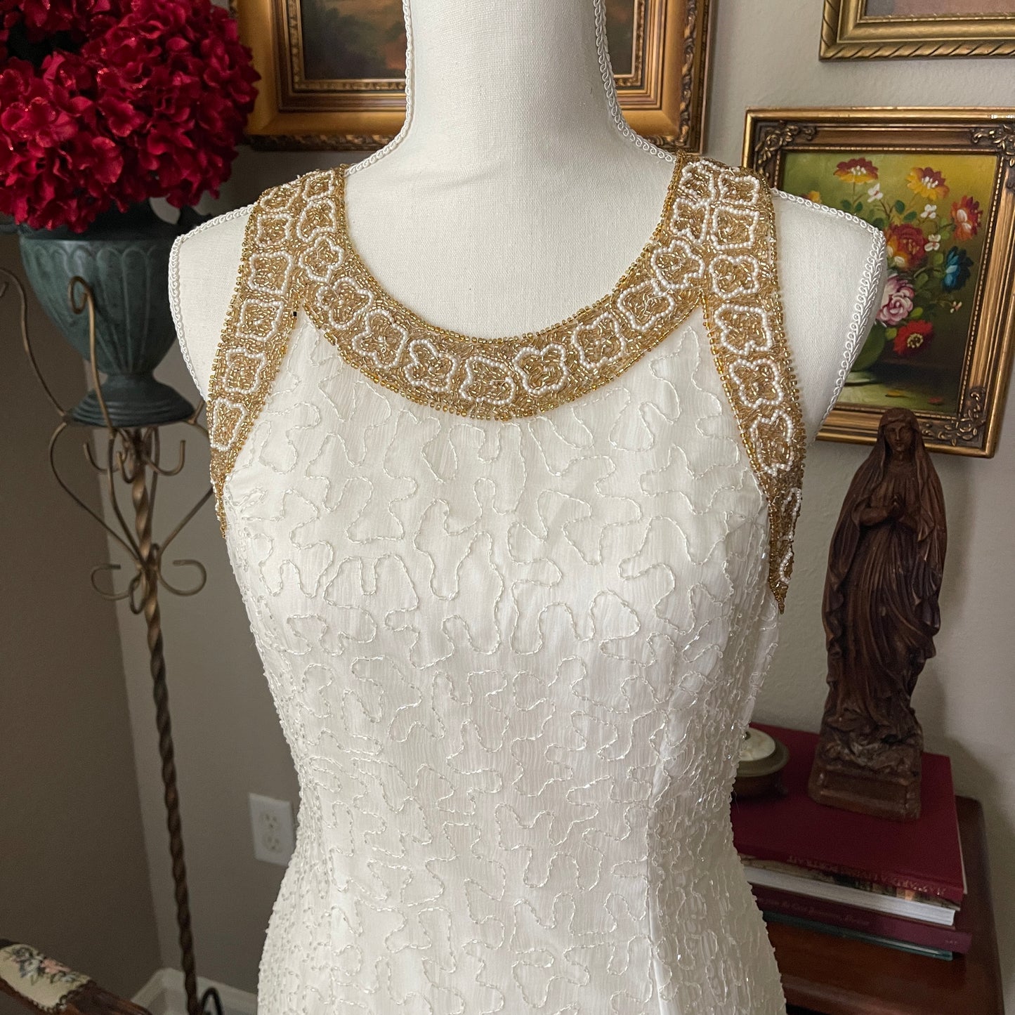 Laurence Kazar Vintage 80s White & Gold Beaded Dress