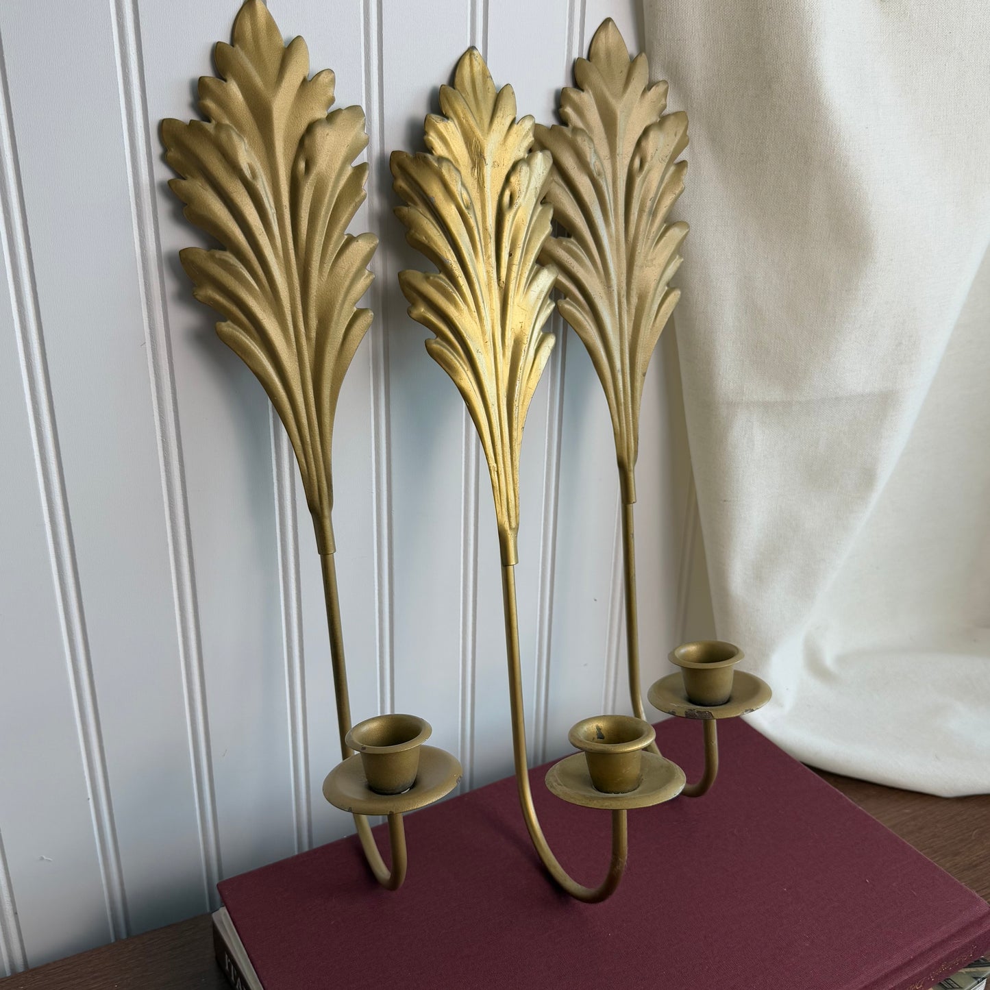 Vintage Brass Metal Candle Stick Sconce Leaf Design set