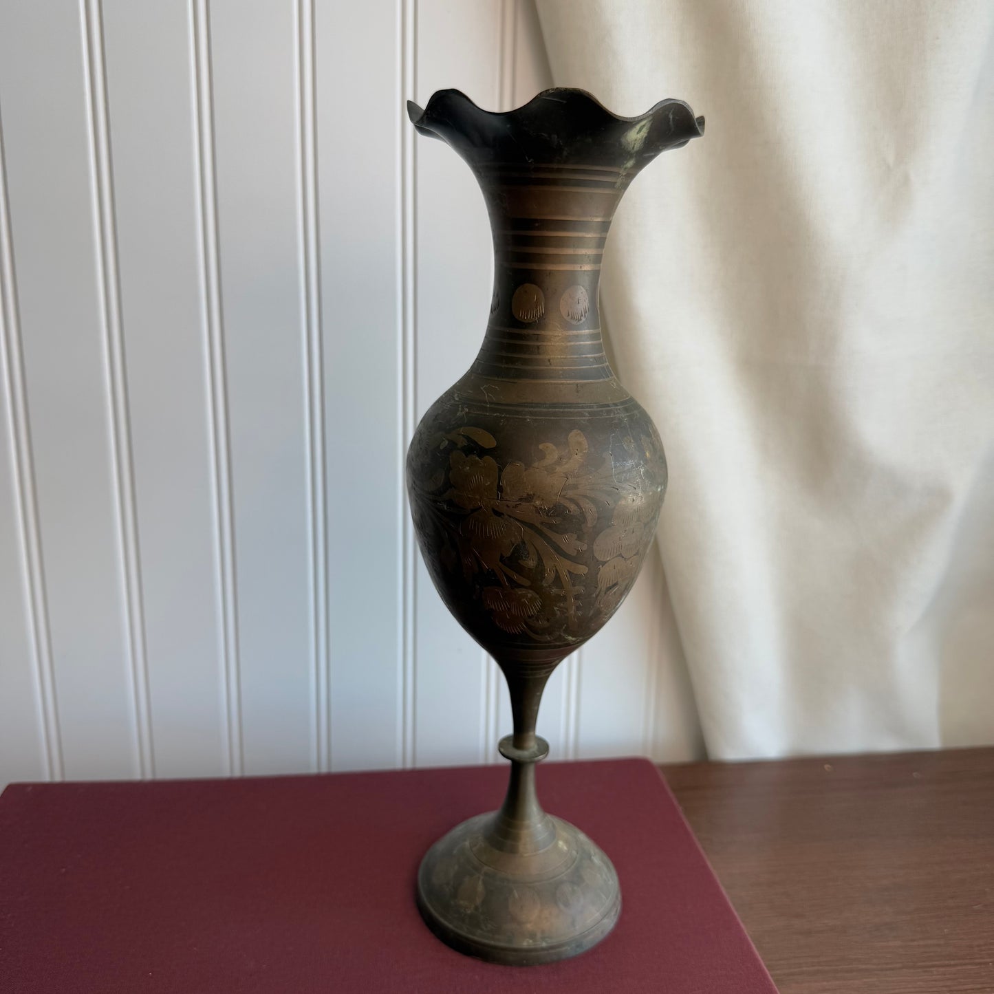 Vintage Engraved Solid Brass Vase Made In India