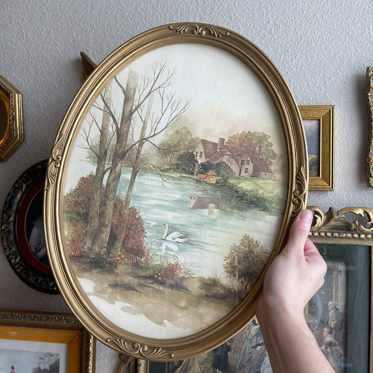 Vintage Oval Landscape swan scenery print Framed