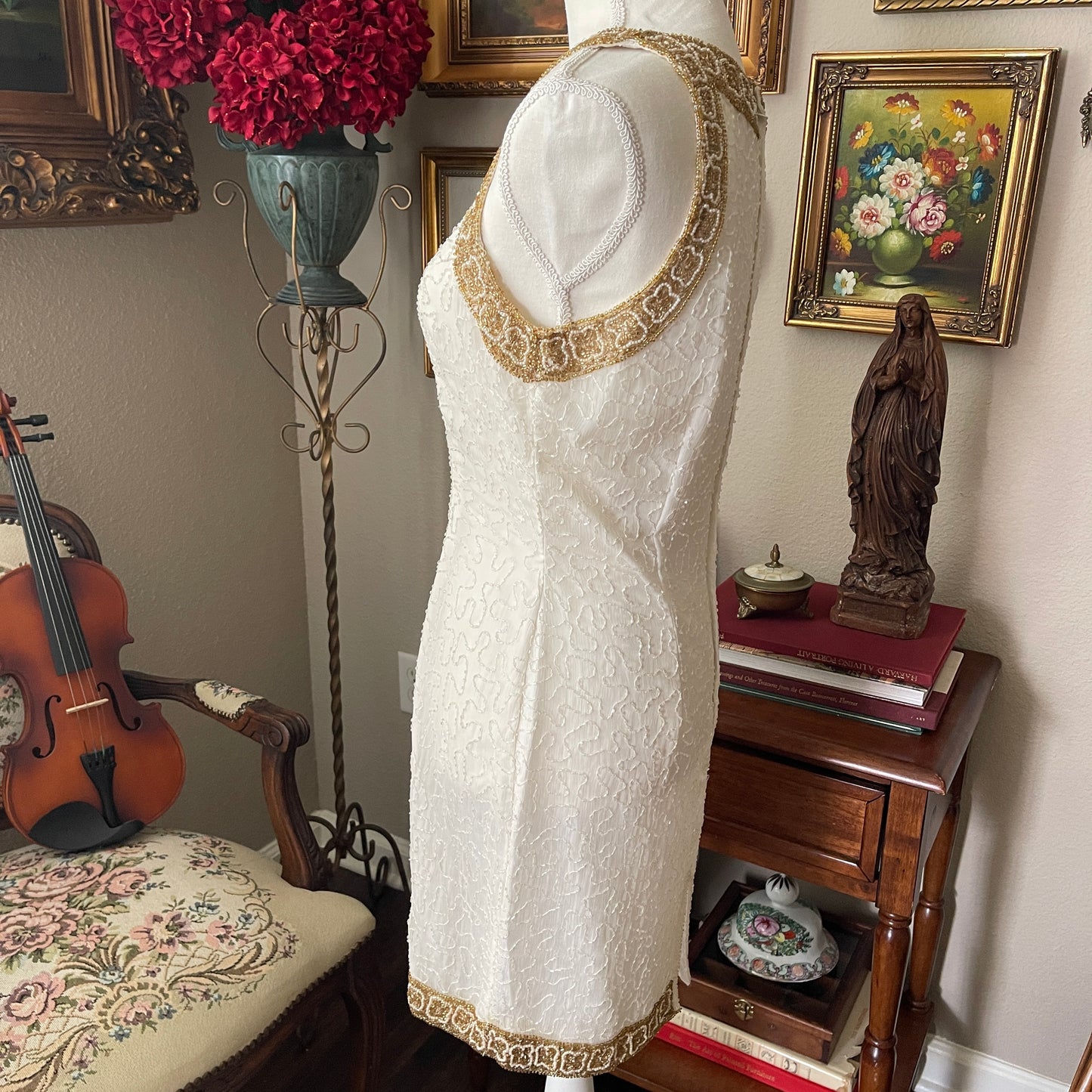 Laurence Kazar Vintage 80s White & Gold Beaded Dress