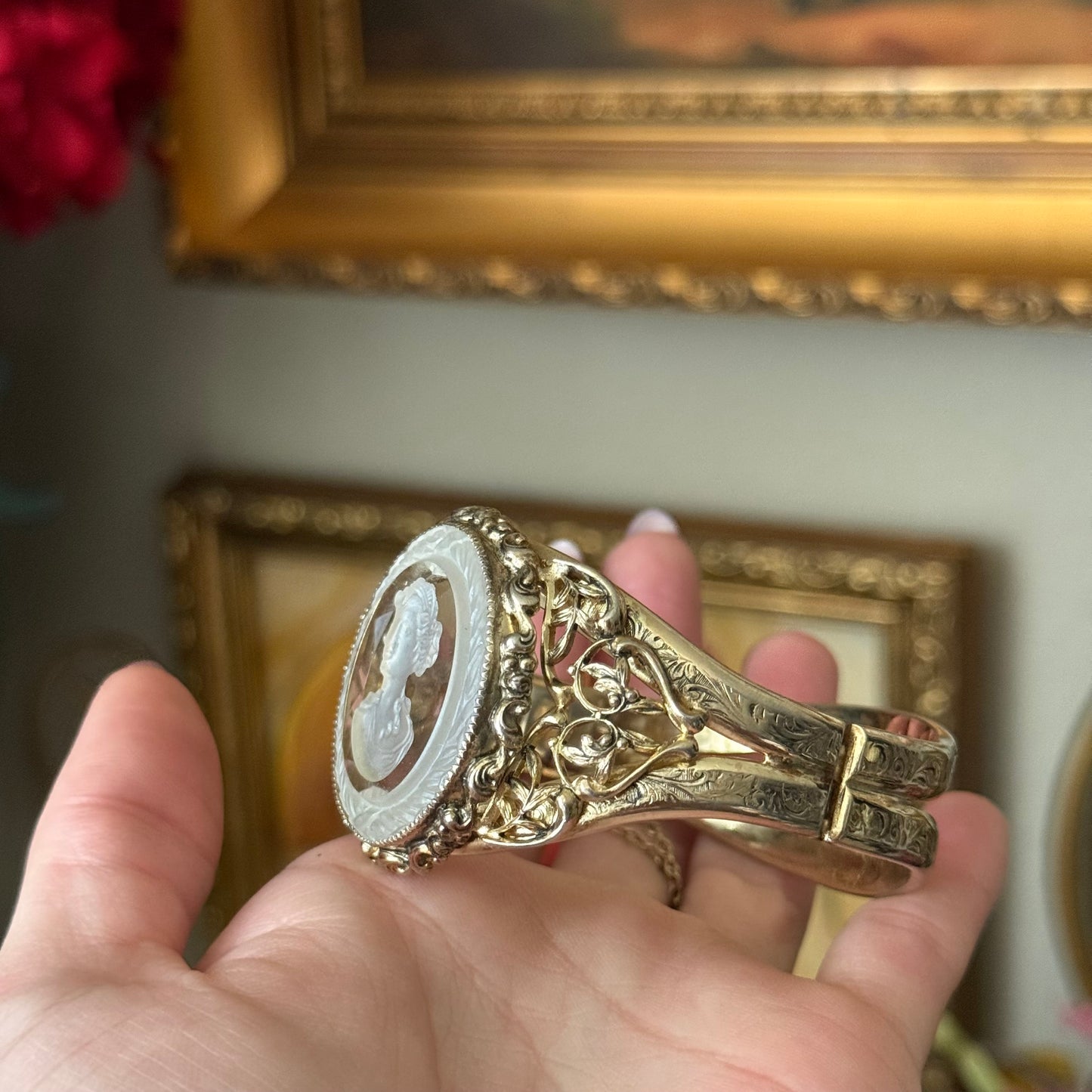 Vintage Whiting and Davis Glass Cameo Portrait Intaglio Bracelet Cuff
