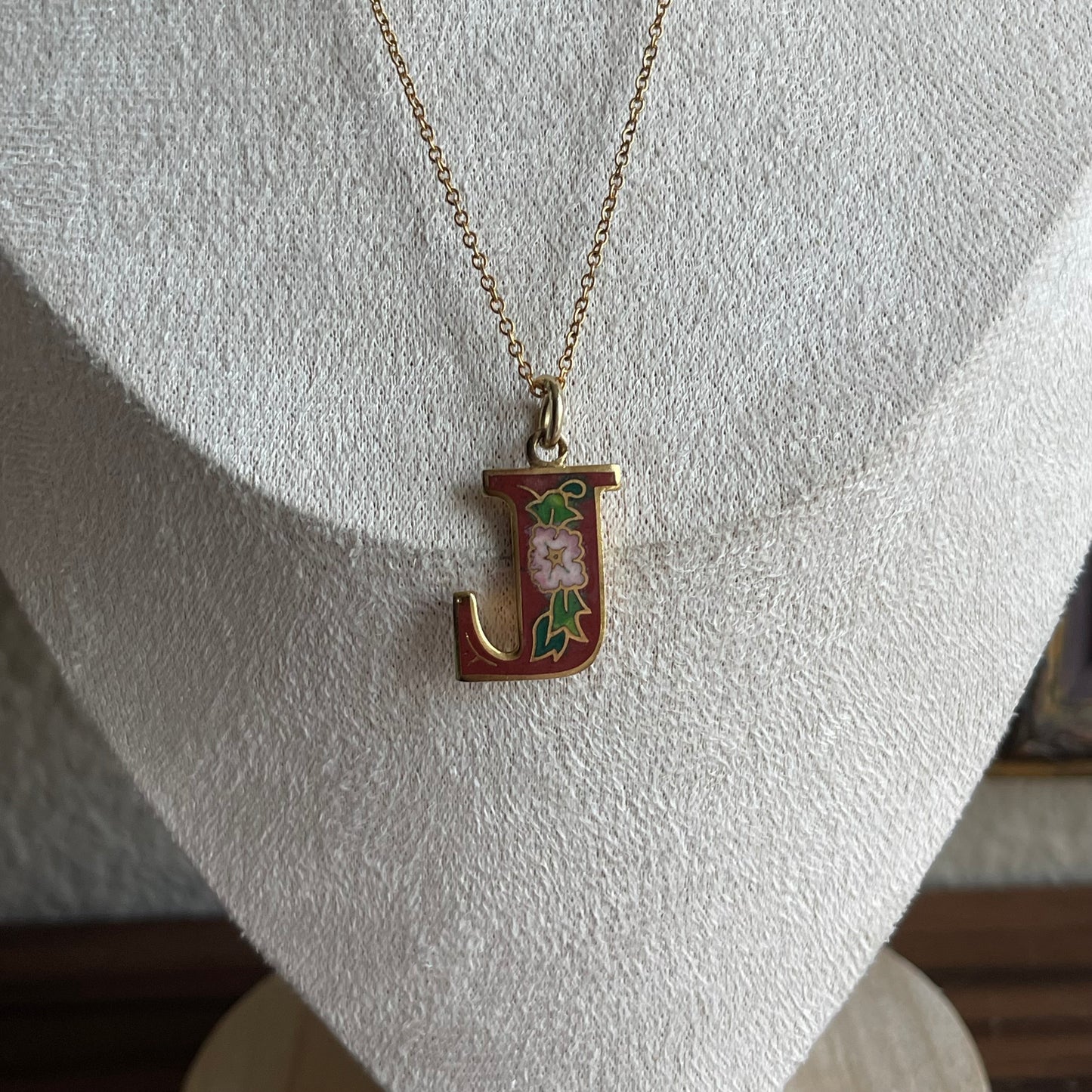 Vintage cloisonné Initial J Necklace