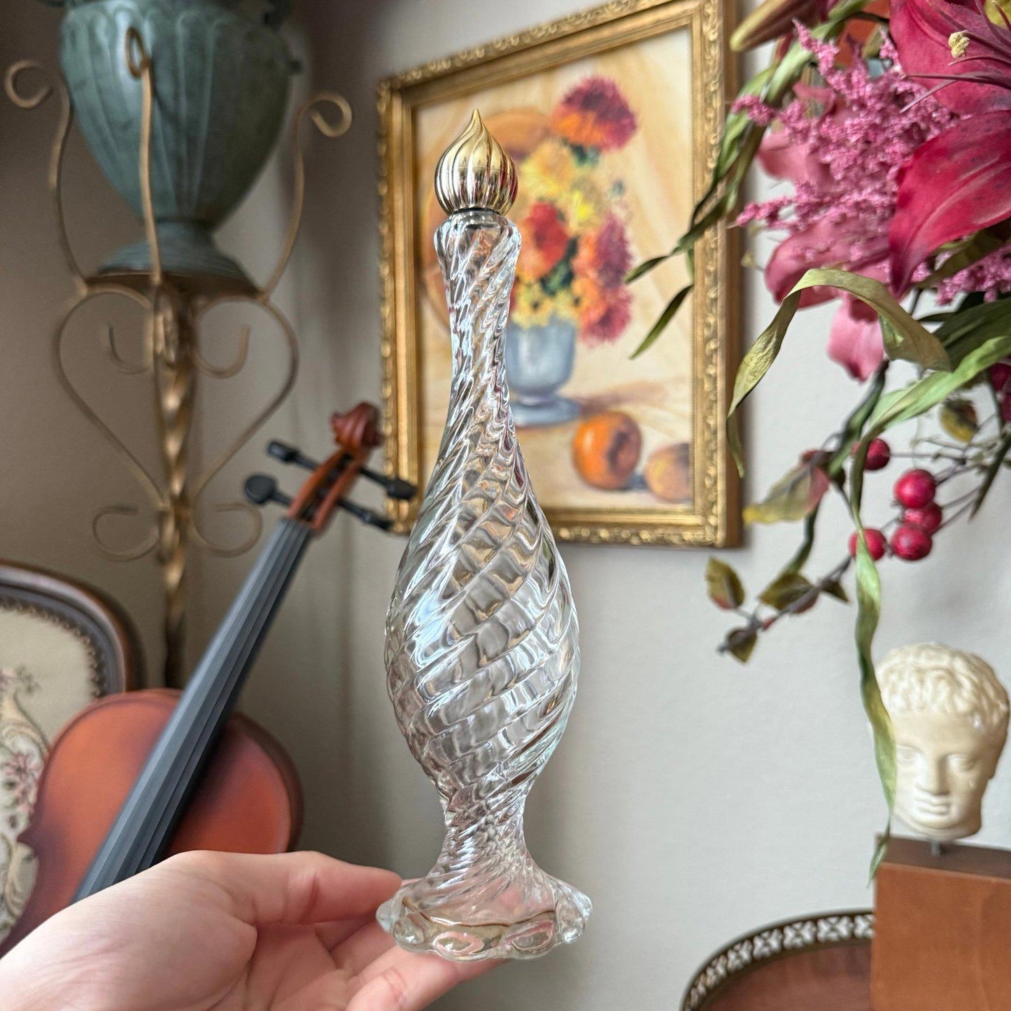 Vintage Clear Glass Swirl Pattern Perfume Bottle with Gold Lid