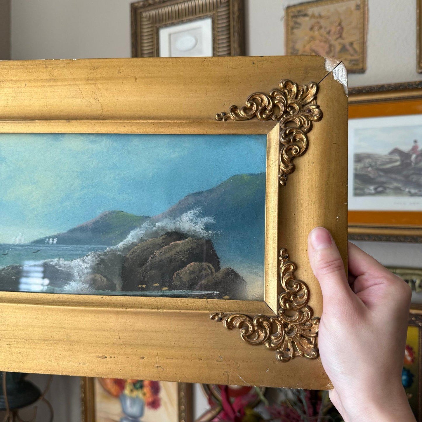 Antique Framed Pastel Seascape Original Chalk Drawing Under Glass