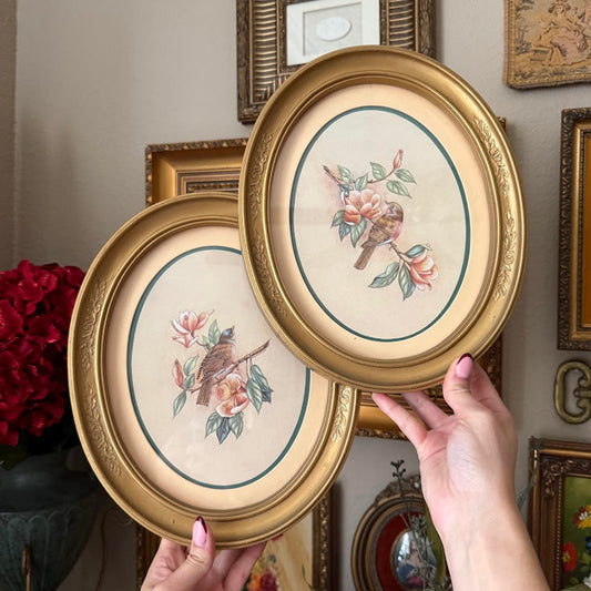 Vintage Home Interiors 1983 Birds Floral Print Gold Framed Oval Set