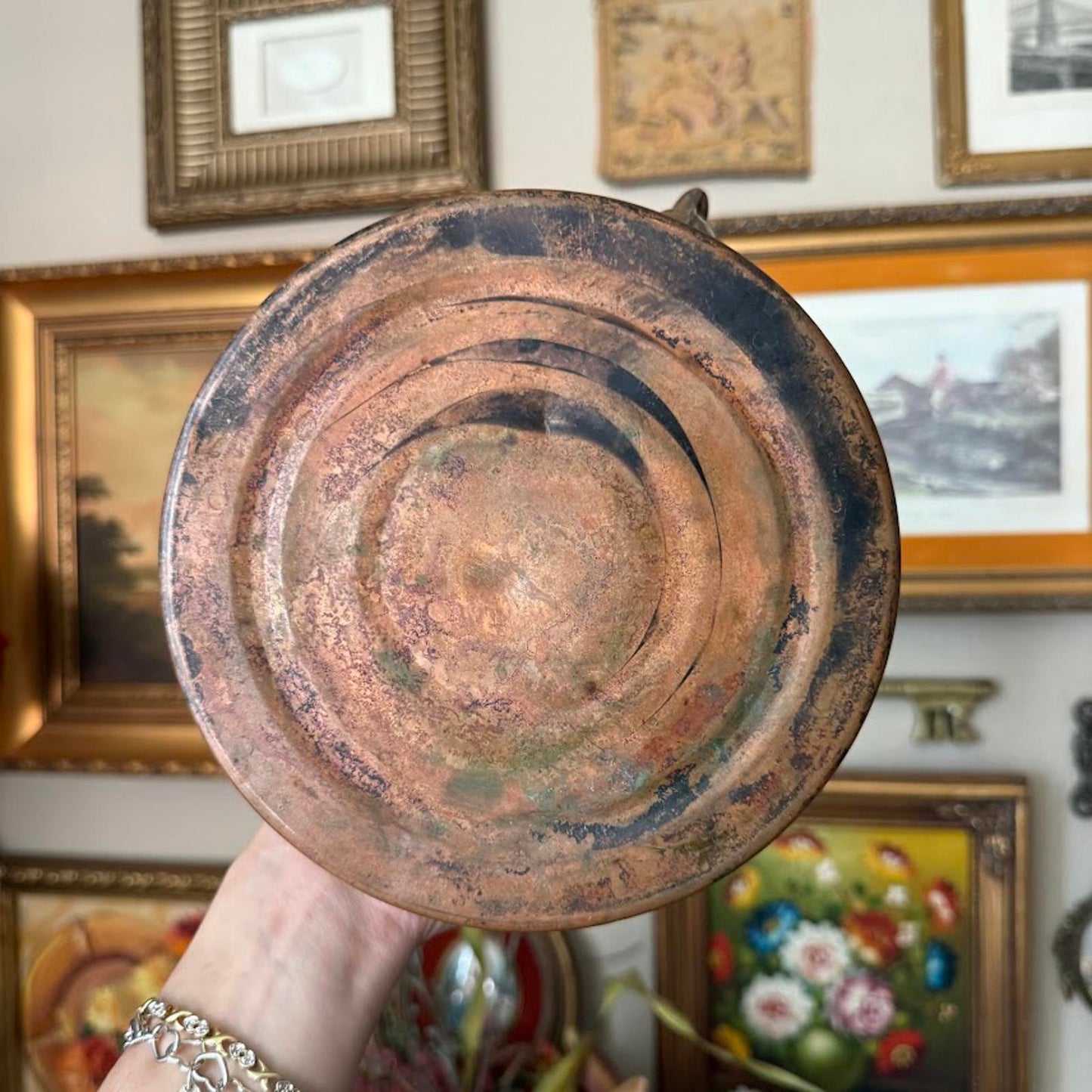 Vintage Copper Tea Kettle w White and Blue Porcelain Handle