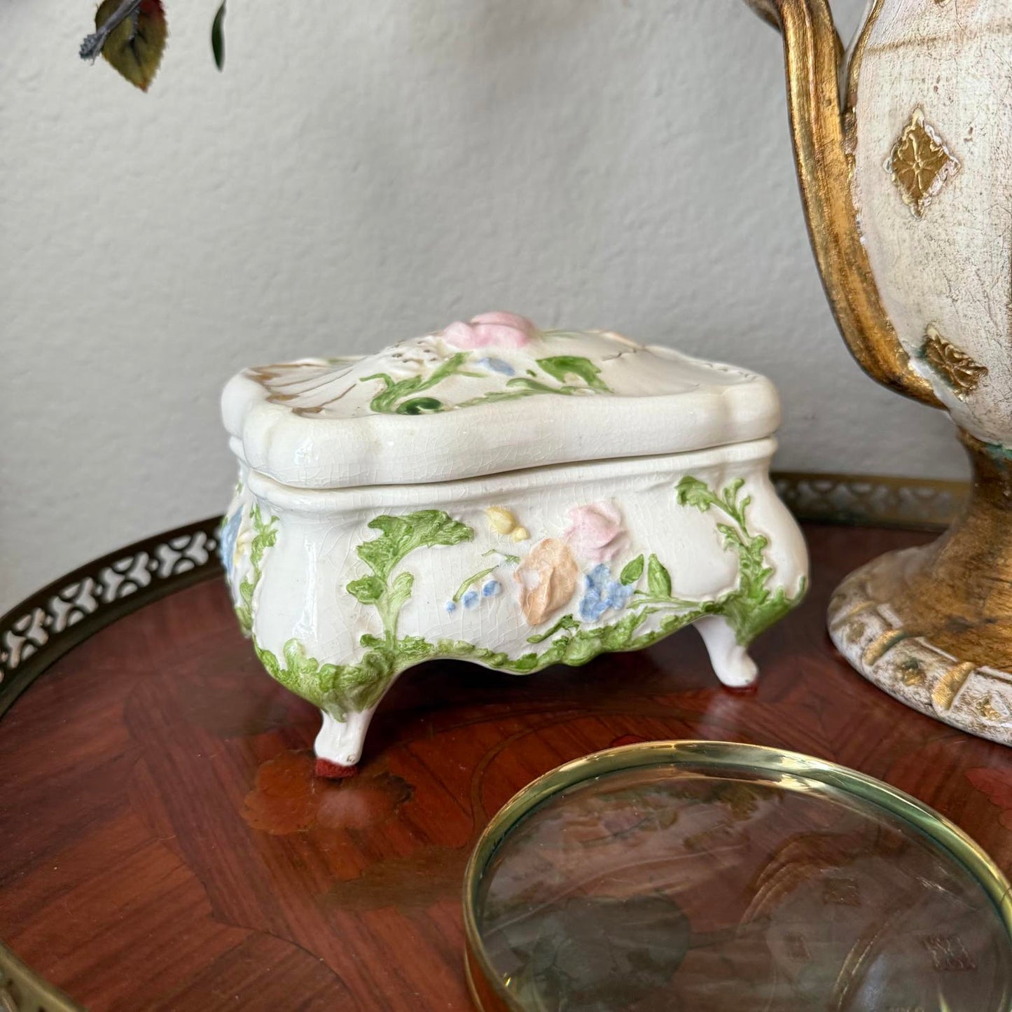 Vintage Floral Ceramic Footed Trinket Dish
