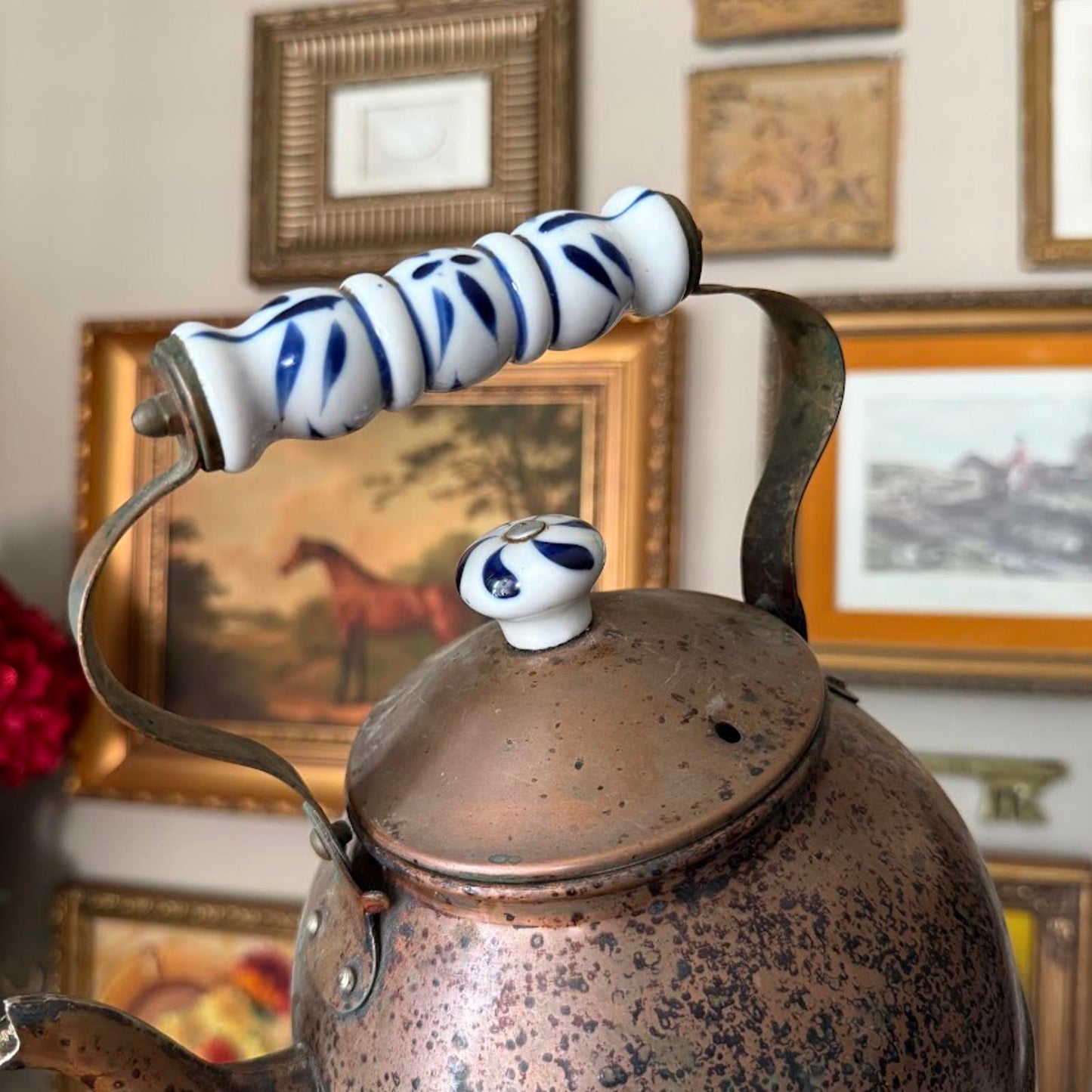 Vintage Copper Tea Kettle w White and Blue Porcelain Handle