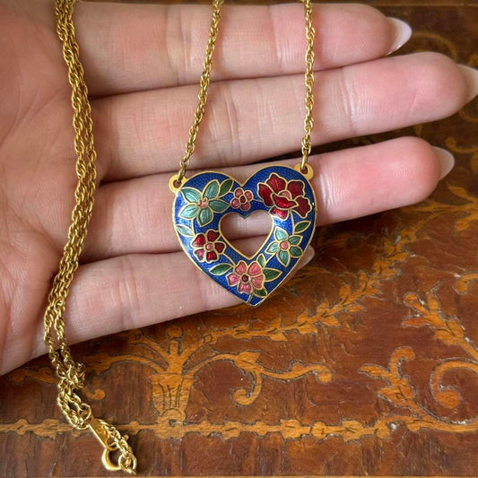 Vintage Cloisonné Enamel heart pendant necklace with gold chain