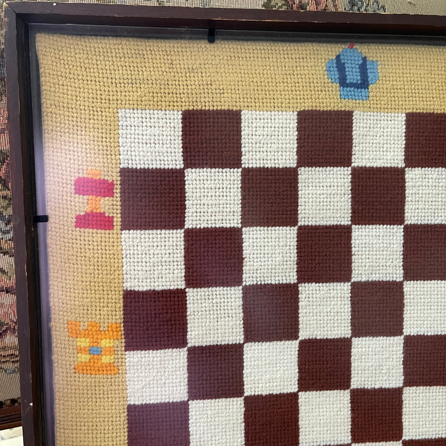 Vintage handmade checkers chess board needlepoint piece art work framed