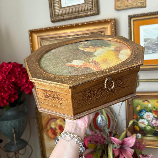 Vintage Large Gold Victorian Girl Reading a Book Music Jewelry Box