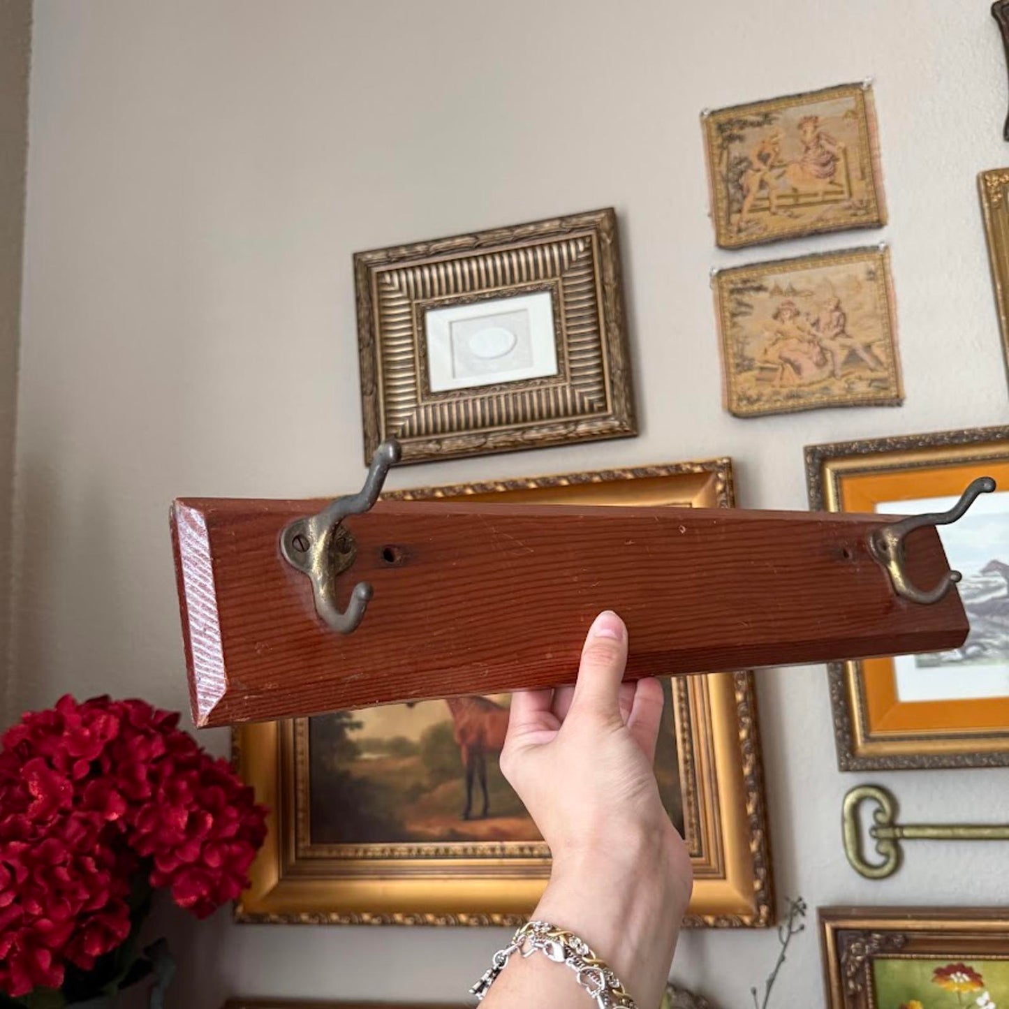 Vintage Wooden Coat Rack with Metal Hooks