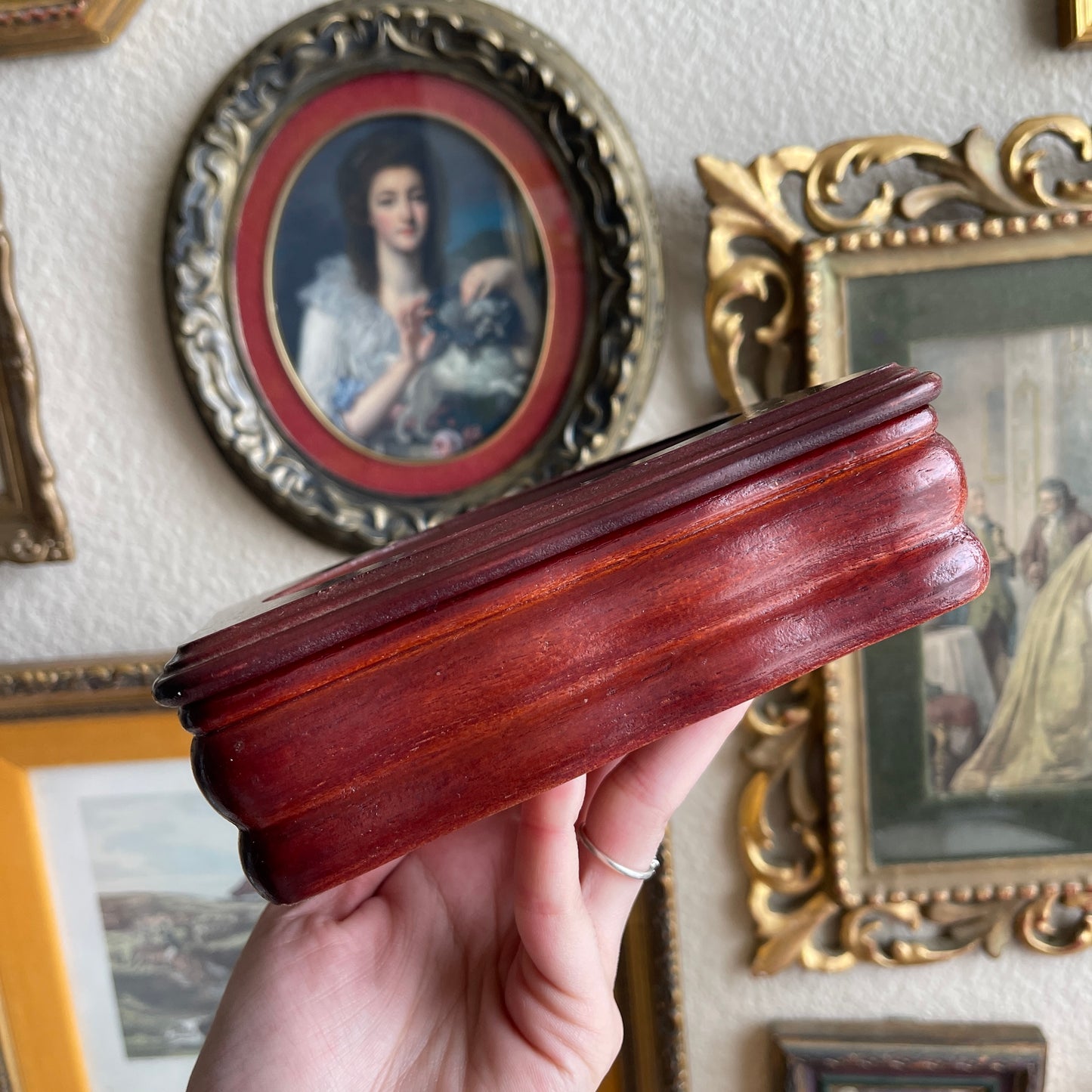 Vintage Small Wood Jewelry Box With Glass Lid And Painted Floral Design