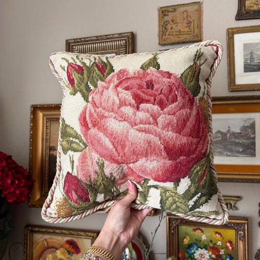 Vintage Floral Needlepoint Pillow
