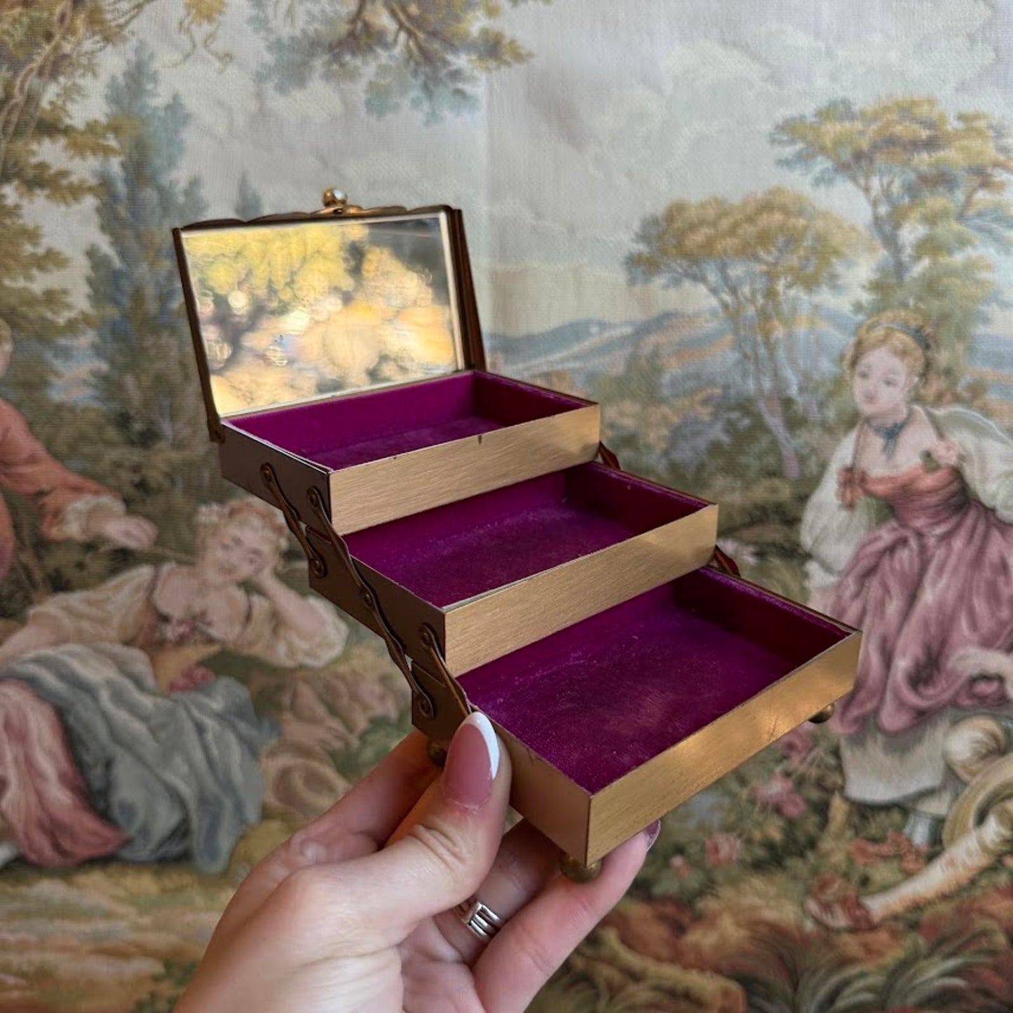 Vintage Pearl Accent Jewelry Box with tiered Interior