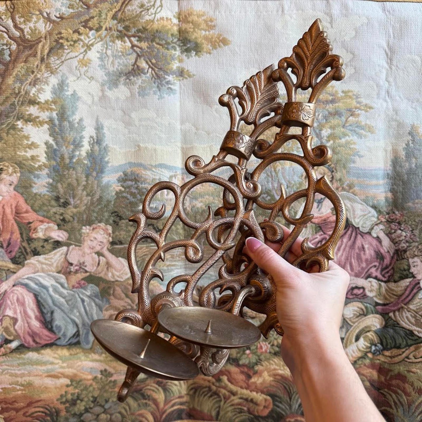 Vintage Ornate Brass Metal Wall Mounted Candle Sconce set