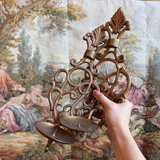 Vintage Ornate Brass Metal Wall Mounted Candle Sconce set