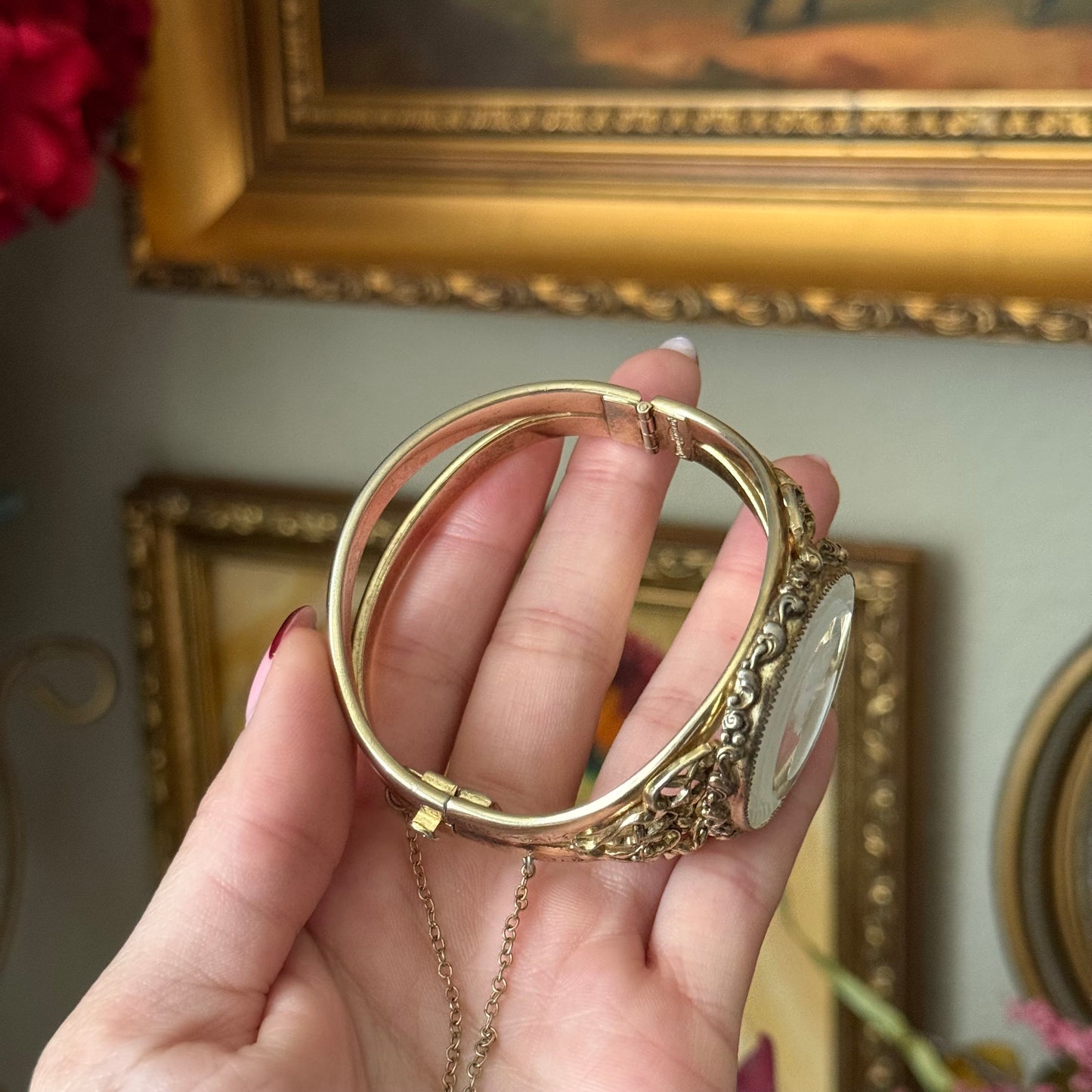 Vintage Whiting and Davis Glass Cameo Portrait Intaglio Bracelet Cuff