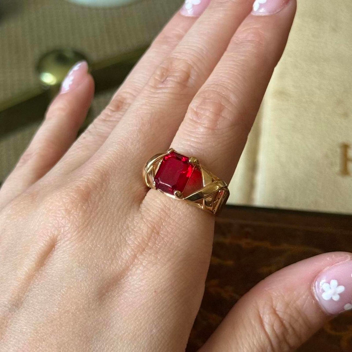 Vintage Gold Electroplated Red Ruby faux Glass Ring