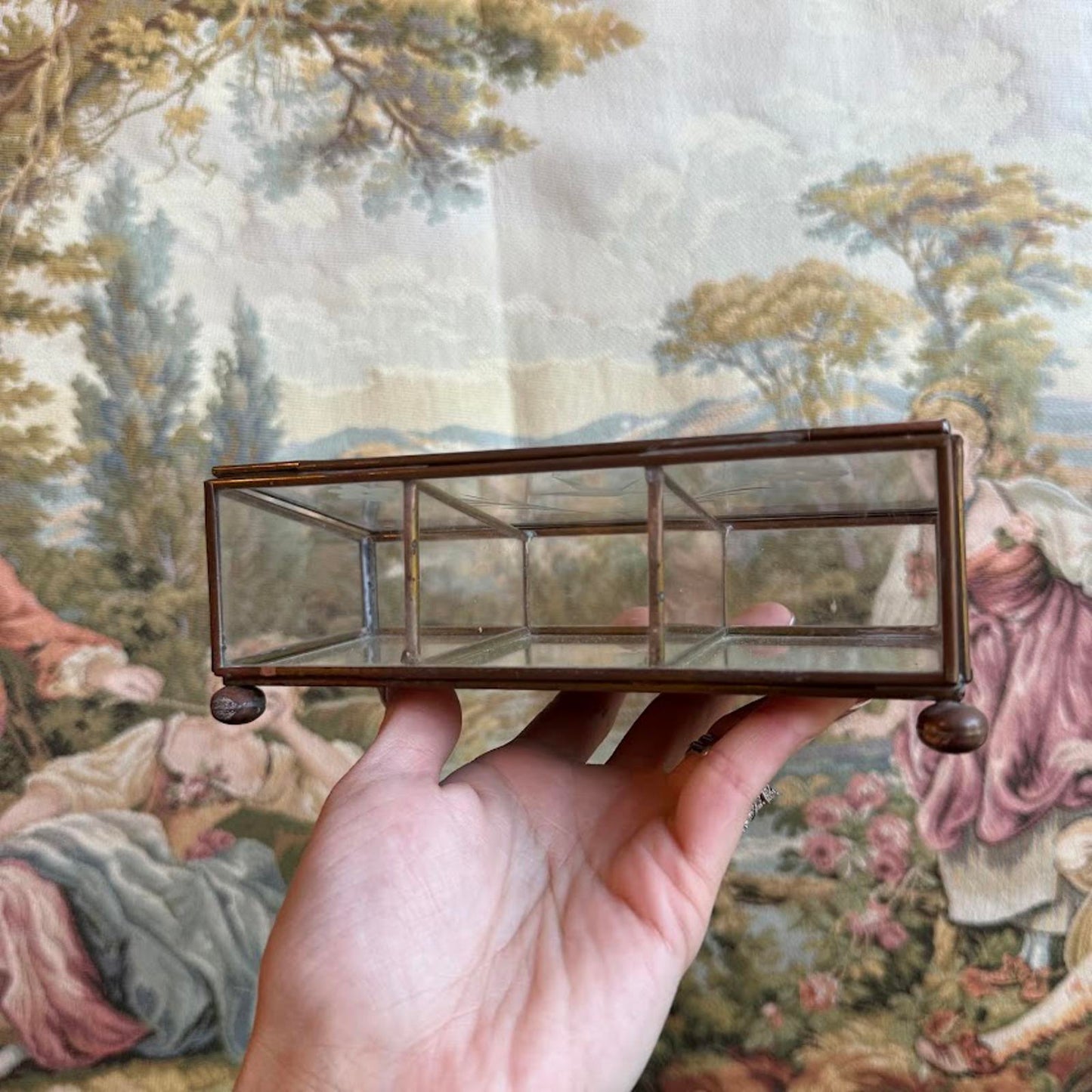 Vintage Bird & Flower etched Glass Jewelry box