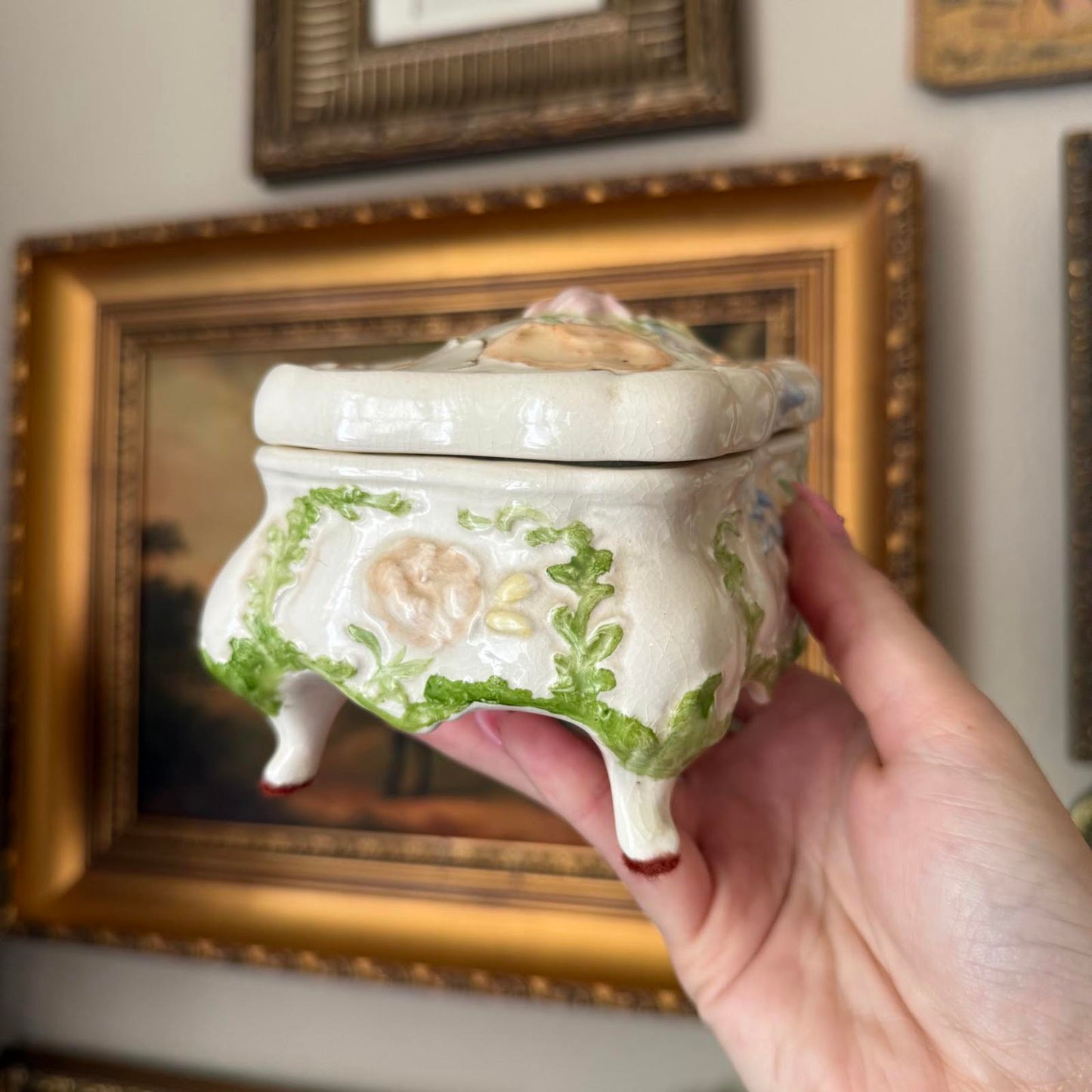 Vintage Floral Ceramic Footed Trinket Dish