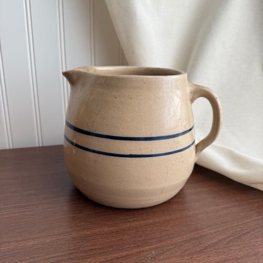 Vintage crock Tan Blue Stripes pottery