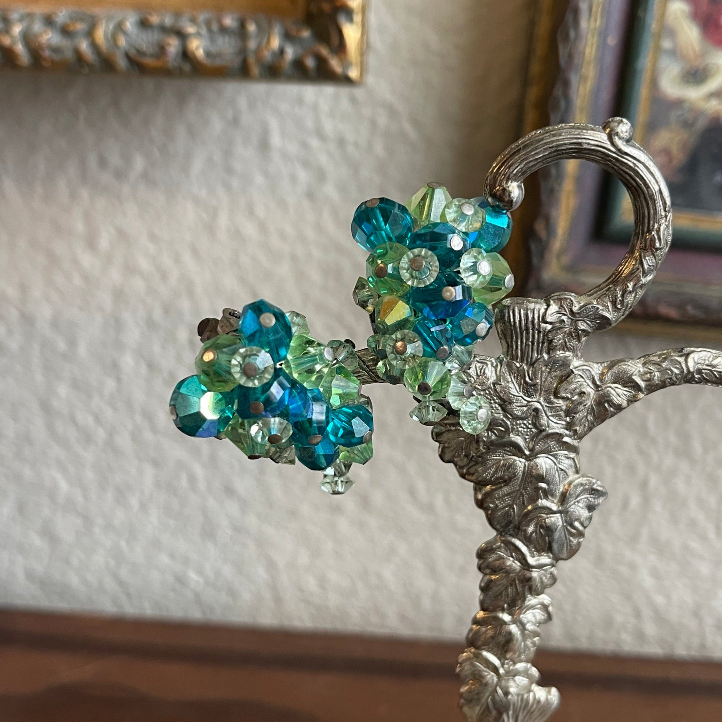 Vintage Crystal bead Cluster AB Blue Green Wrap Clip Earrings