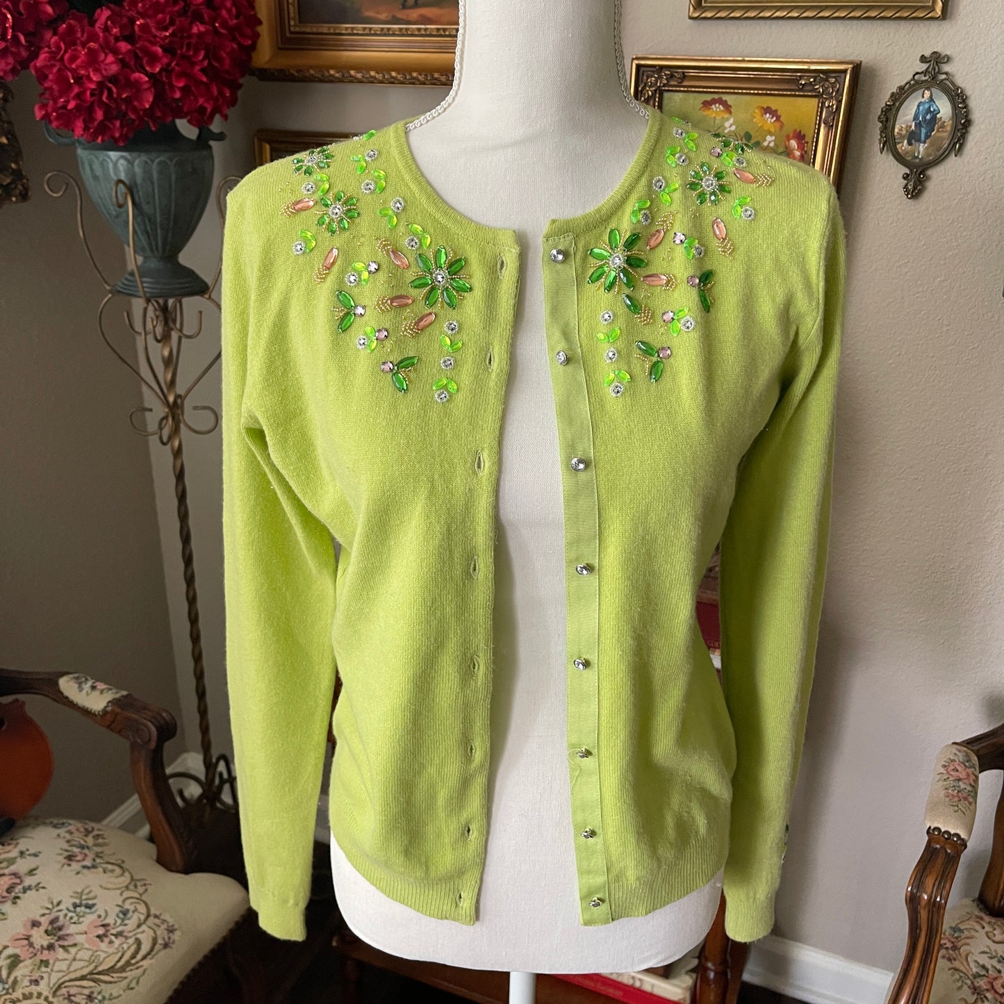 George Women’s Green Bejeweled Gems Button up Long Sleeve Cardigan Sweater