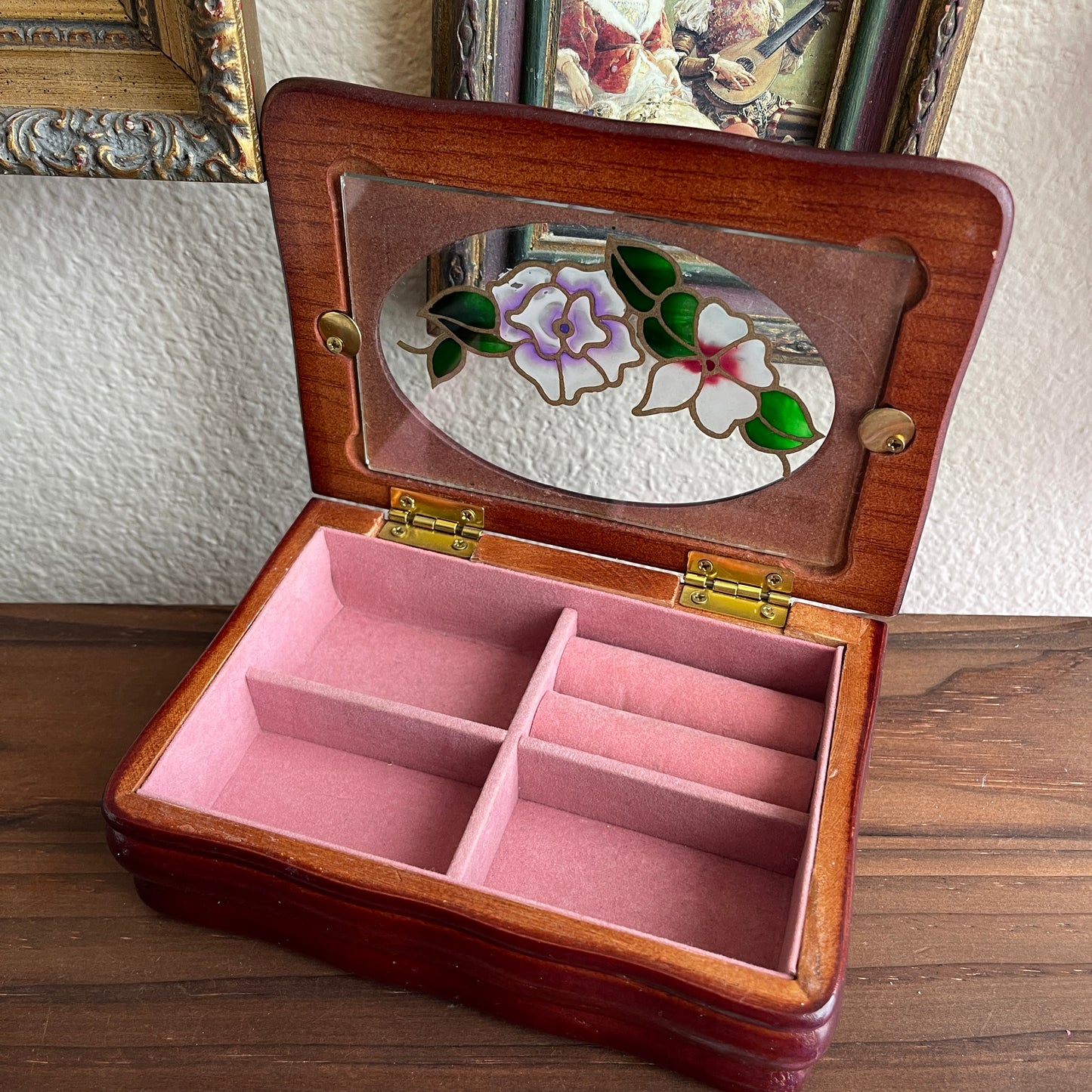 Vintage Small Wood Jewelry Box With Glass Lid And Painted Floral Design