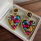 Vintage Heart earrings with multicoloured faux stones clip ons