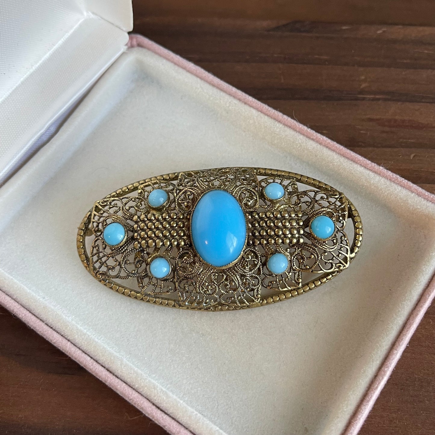 Vintage CZECH Signed Gold Tone Filigree Turquoise Glass Pin Brooch