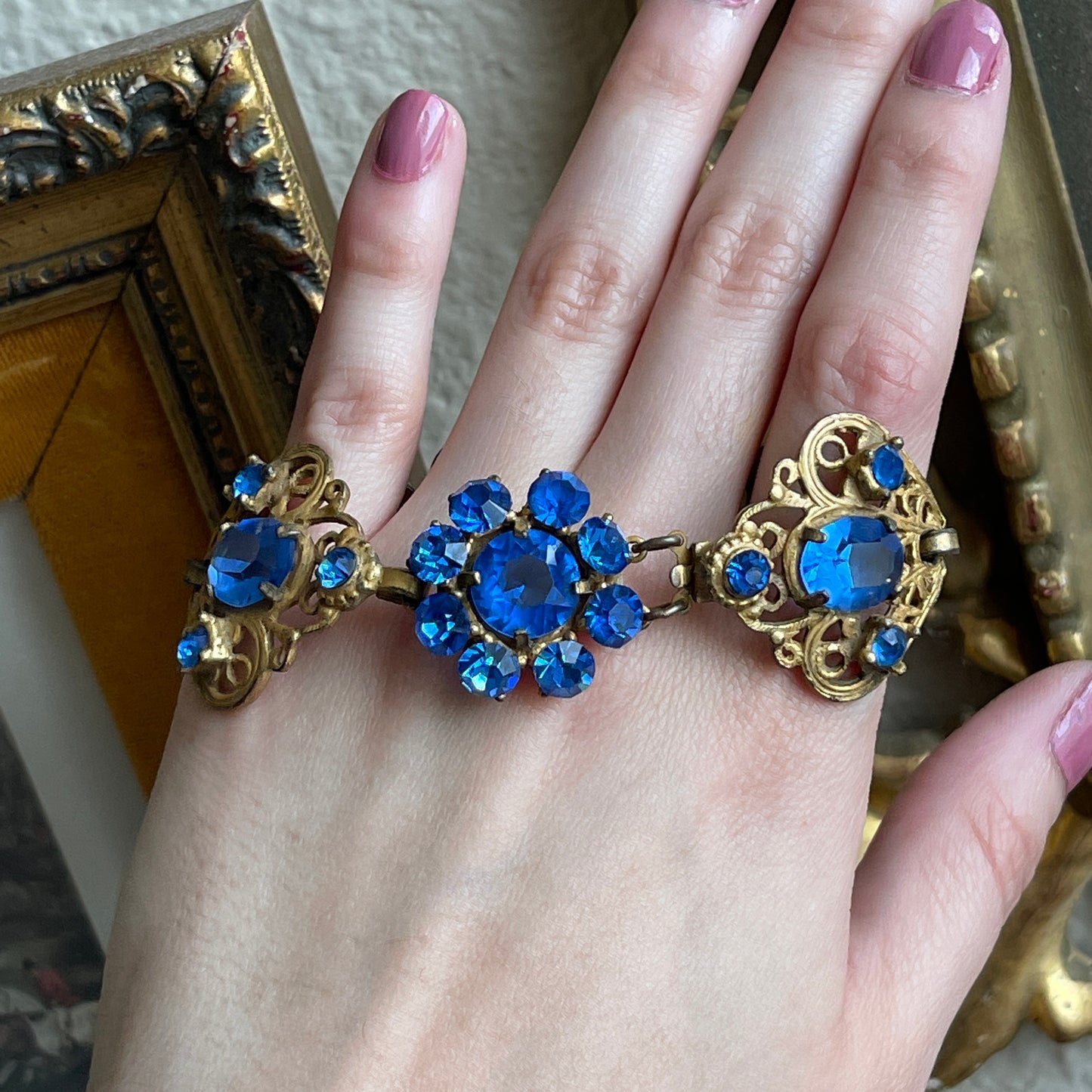 Vintage Blue Glass Rhinestone And Filigree Bracelet
