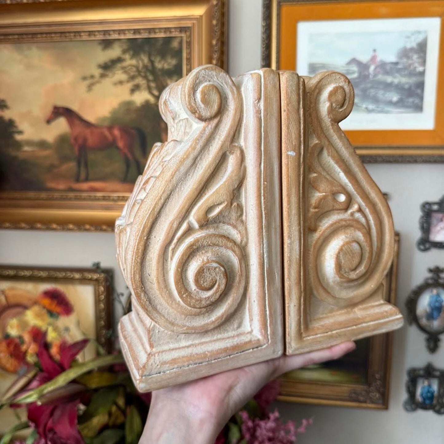 Vintage Pair of Ceramic Plaster Carved Bookends